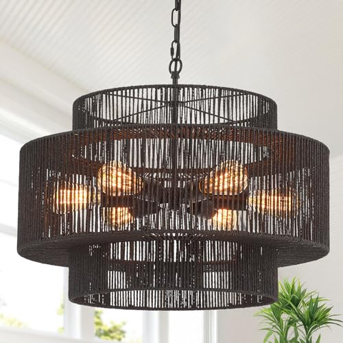 23.6" Black Rattan Chandelier, 6-Light Hand-Woven Boho Light Fixture, 3-Tier Drum Wicker Chandelier for Dining Room, Bedroom, Kitchen Island, Foyer - color: black 23.6"