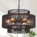 23.6" Black Rattan Chandelier, 6-Light Hand-Woven Boho Light Fixture, 3-Tier Drum Wicker Chandelier for Dining Room, Bedroom, Kitchen Island, Foyer - color: black 23.6"