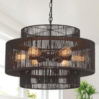 23.6" Black Rattan Chandelier, 6-Light Hand-Woven Boho Light Fixture, 3-Tier Drum Wicker Chandelier for Dining Room, Bedroom, Kitchen Island, Foyer - color: black 23.6"