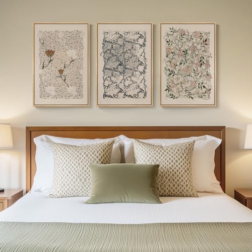 Framed William Morris Canvas Wall Art for Living Room, Set of 3 Large Neutral Floral Botanical Prints, Vintage Rustic Boho Pictures for Bedroom Hallway Office, 16x24 Inch - color: Neutral Floral, size: 16"W x 24" H x 3Pcs