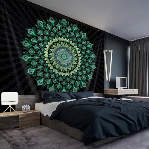 FENDROM Bohemian Mandala Tapestry Hippie Tapestries Psychedelic Green Peacock Boho Wall Hanging for Bedroom Living Room Tablecloth - color: Y10, size: 90"L x 70"W
