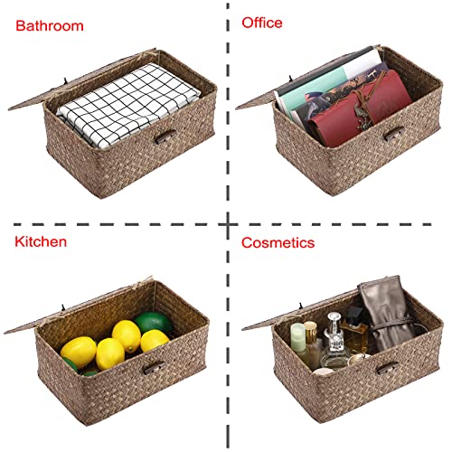 Hipiwe Wicker Shelf Baskets Bin with Lid, Handwoven Seagrass Basket Storage Bins Rectangular Household Basket Boxes for Shelf Wardrobe Home Organizer, Coffee Small - color: Coffee, size: Small