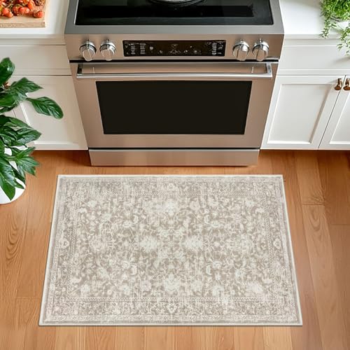 KILOCOCO Moroccan Small Area Rug 2x3 Entryway Rugs Printed Vintage Floral Washable Rug Non-Slip Kitchen Indoor Door Mat, Accent Throw Small Rugs for Laundry Room Bedroom Entrance, Beige - color: Beige/White, size: 2' x 3' (Rectangular)
