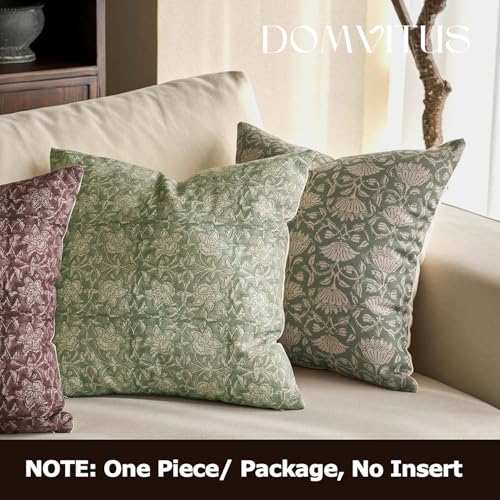 DOMVITUS Floral Pillow Covers 18x18 Throw Pillow Covers Block Print Vintage Decorative Neutral Pillow Cover for Couch Bed Living Room Sage Green 1PC - color: Sage Green, size: 18" x 18" (Pack of 1)