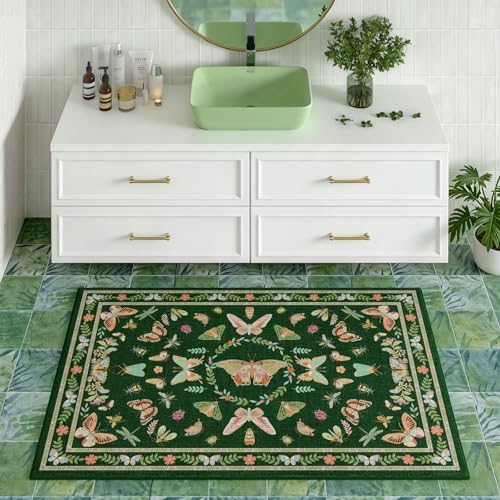 Unirea 2x3 Small Dark Green Washable Area Rug, Door Mat Indoor Entrance Insect Rug, Non Slip Thin Area Rugs, Soft Boho Bug Entryway Rug for Kitchen, Bathroom, Bedroom, Laundry Room, Low Pile Carpet - color: Dark Green, size: 2'x3'