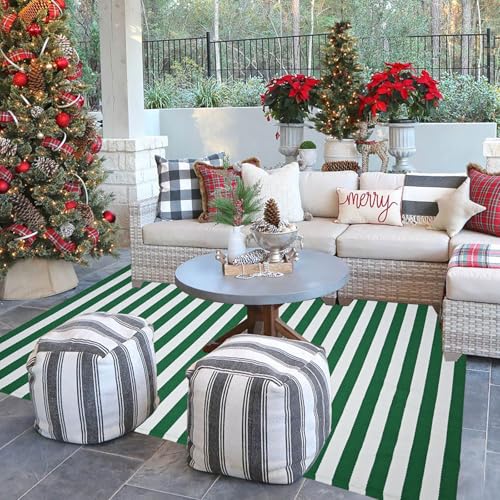 Green & White Striped Rug, 4' x 6' Indoor/Outdoor Area Rug for Front Porch, Entryway, Machine Washable Cotton Woven Welcome Door Mat - color: Green & White Stripe, size: 4' x 6' (Rectangular)