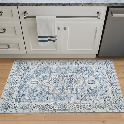 Bloom Rugs Caria Washable Non-Slip 3x5 Rug - Blue Traditional Area Rug for Living Room, Bedroom, Dining Room, and Kitchen - Exact Size: 3' x 5' - color: Blue, size: 3' x 5' (Rectangular)