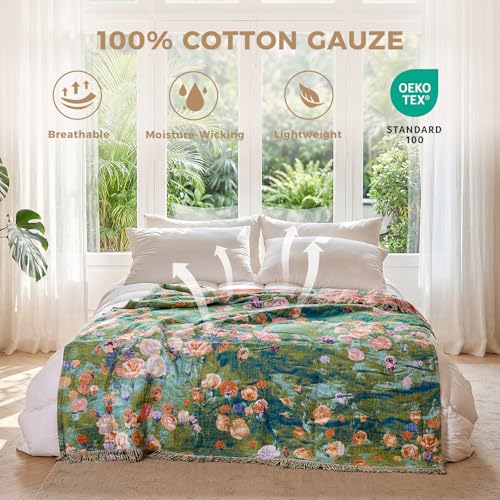 LUTBM Boho Throw Blanket for Couch Sofa Chair Summer Cotton Blankets for Bedroom Living Room All Season Soft Lightweight Reversible Floral Embroidery Decorative Throws 50"x60" Home Decor - color: Floral Green Garden, size: 50"×60"