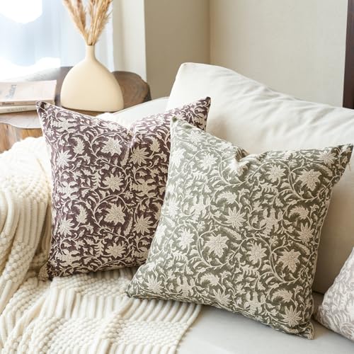 FIOUOVO Floral Throw Pillow Covers 18x18 Farmhouse Block Print Pillow Covers Decorative Pillow Covers Couch Pillows for Living Room Vintage Accent Sofa Pillows Set of 2, Olive Green - color: Olive Green, size: 18" x 18" (Pack of 2)