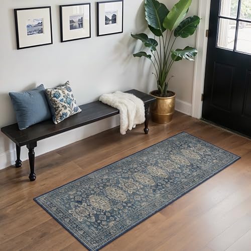 Bavni Washable Runner Rug 2x6, Non Slip Hallway Rug, Vintage Aesthetic Thin Low Pile Washable Carpet for Kitchen Bedroom Entryway, Blue - color: Blue, size: 2' x 6' (Rectangular)