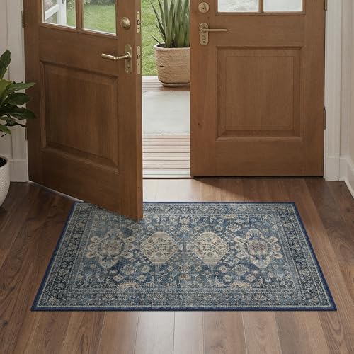 Bavni Washable Entry Rug 2x3, Non Slip Door Mat for Entryway or Kitchen, Vintage Print Low Pile Ultra Thin Indoor Rug, Blue - color: Blue, size: 2' x 3' (Rectangular)