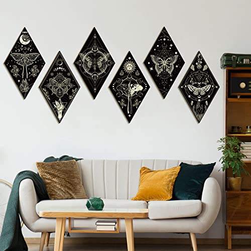 Sintuff 6 Pieces Gothic Wall Decor Boho Sun Moon Phases Wall Art Gothic Minimalist Stars Sun Hanging Wooden Home Decor Farmhouse Pediments for Gallery Living Bedroom Room(Mysterious) - style: Mysterious