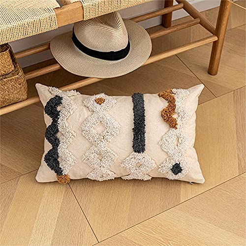 Beige Cream Boho Woven Tufted Lumbar Pillow Cover,Morocco Gray Brown Geometric Stripes Textured Indian Tribal Decorative Pillowcase,Farmhouse Cushion Cover for Bedroom Living Room Couch.12x20 Inch - color: D