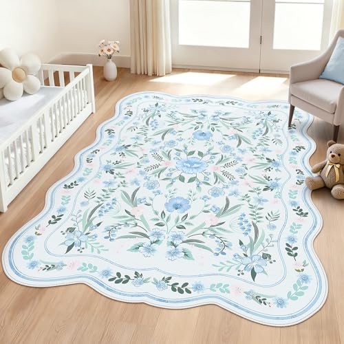 Blue Floral Area Rug 5x7, Washable Scalloped Boho Carpet for Girls Bedroom, Living Room, or Nursery, Cute Non-Slip Soft Cottagecore Rug for Kids Room or Playroom Home Décor - color: Blue Scalloped, size: 5' x 7' (Rectangular)