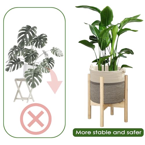 Flower Pot Rattan Plant Stand Planter with Stand, Tall Indoor Boho Woven Wicker Storage Basket with Adjustable Wood Shelf (White & Grey) - color: White & Grey