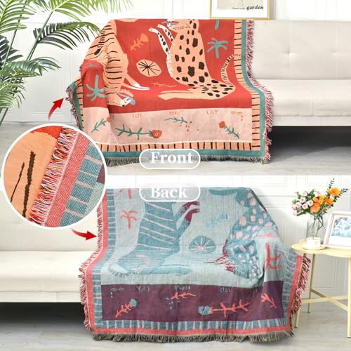 Boho Throw Blanket Reversible Cotton Bohemian Tapestry Hippie Room Decor Outdoor Blanket Double Sided (Boho Leopard 50"x60") - color: Boho Leopard, size: 50*60 inch