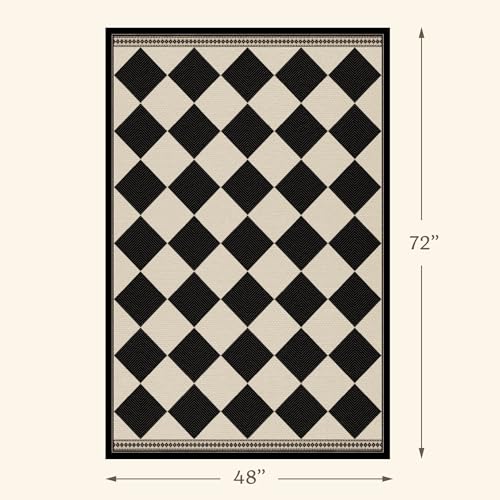 Black and White Diamond 4x6 Easy Jute Area Rug for Porch Patio, Washable Checkered Outdoor Indoor Doormat, Non-Slip Low-Pile Geometric Front Porch Rug, Farmhouse Boho Entryway Carpet for Kitchen - color: Black White, size: 4' x 6' (Rectangular)