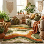Hand Tufted Abstract Area Rug Wool Modern Wavy Pattern Carpet in Rust Orange Olive Green Cream for Living Room Bedroom Boho Decor Soft Plush Handmade Contemporary Floor Rug (2x2 ft / 60x60 cm)