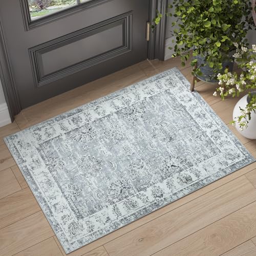 jinchan Fiora Floral Area Rug 2x3, Distressed Vintage Floral Washable Rug with Low-Pile Surface and Non-Slip Backing, for Entryway Kitchen Bathroom Vanity Indoor Foyer and High-Traffic Areas, Grey - color: Distressed Grey, size: 2' x 3' (Buttery Soft)