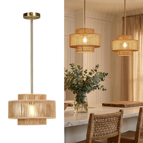 Boho Rattan Pendant Light, 12.6" Hand-Woven Wicker 1-Light Chandelier with Gold Metal Finish, Adjustable Hanging Ceiling Lamp for Kitchen Island, Dining Room, Bedroom, Coastal Farmhouse