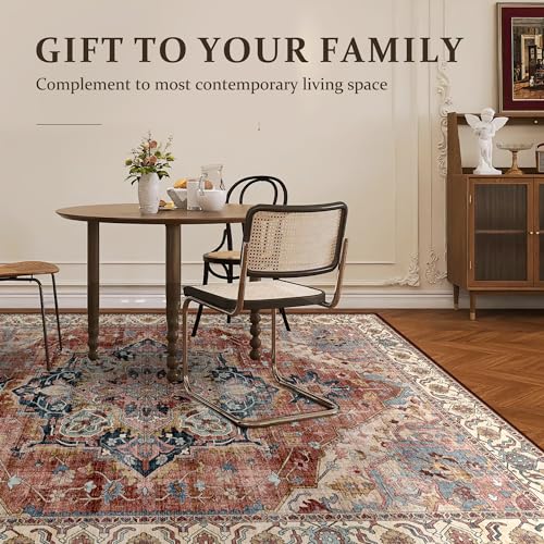 Deerly Vintage Area Rug 5x7 Boho Washable Rug for Living Room Bedroom Non Slip Low Pile 5x7 Rug for Kitchen Entryway Bedroom Dining Room Office, Brickred/Multi - color: Brickred & Multi, size: 5' x 7' (Rectangular)