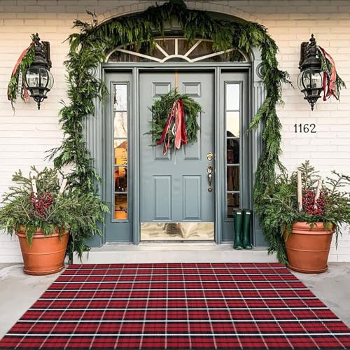 Buffalo Plaid Outdoor Rug, 4' x 6' Christmas Red & Black Check Indoor/Outdoor Area Rug, Layering Rug for Hello/Welcome Door Mat, Machine Washable Cotton Woven Farmhouse Mat for Front Porch Decor - color: Christmas Plaid, size: 4' x 6' (Rectangular)