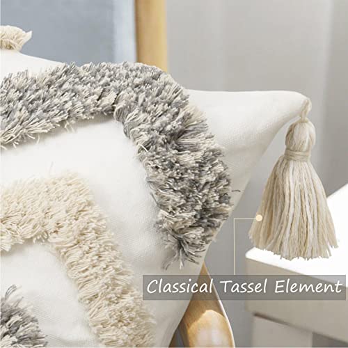 Merrycolor White Grey Boho Pillow Covers 20x20 with Tassels Tufted Decorative Gray Throw Pillows Neutral Modern Accent Pillowcase Farmhouse Square Cushion Covers for Couch Sofa Bedroom Living Room - color: Grey and White 1, size: 20" x 20" (Pack of 1)