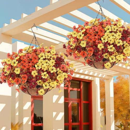 Geegoods 2 Set Artificial Hanging Basket Fall Flowers for Outdoor, Fake Faux UV Resistant Look Real Mixed Mums Plants for Autumn Porch Patio Balcony Yard Home Decor - color: Mix 3 Colors-2packs, size: 2 Packs