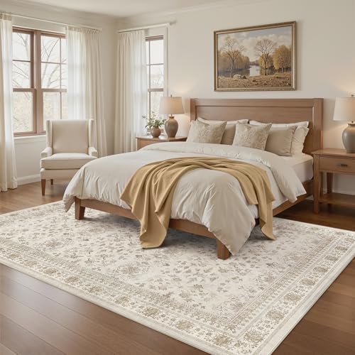 WITSHOCK 5x7 Area Rugs for Living Room - Washable Vintage Rug Retro Antique Dark Large Non Slip Low Pile Soft Indoor Floor Carpet for Bedroom Dining Room Home Decor, Beige - color: Beige/Antique Brown, size: 5' x 7' (Rectangular)