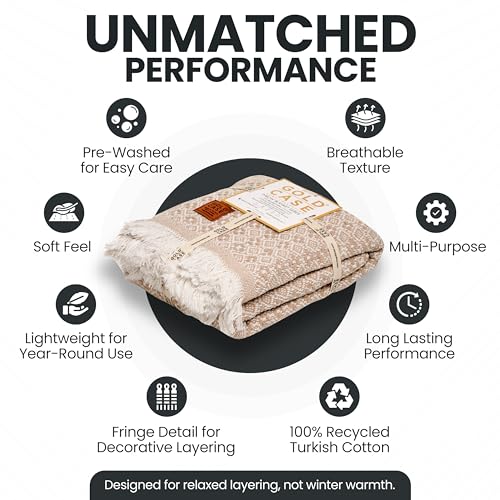 Gold Case Throw Blanket for Couch - 100% Recycled Turkish Cotton Blankets & Throws - Retro Soft Throw Blankets for Living Room - Boho Decorative Woven Couch Blanket - 50x60 - Beige - color: Retro Beige, size: 50x60"