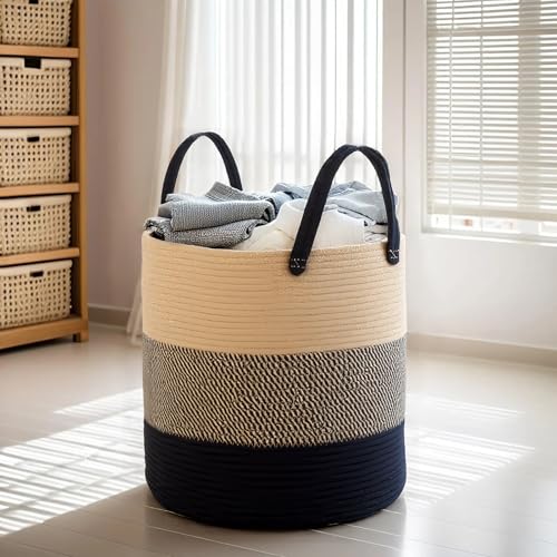 ShellKingdom Laundry Basket, Large Natural Rope Woven Storage Basket with Handles for Home, Living Room, Laundry, Storage Organizer for Blankets, Clothes, Toys, 19.7 x 14.9 INCH (3-Toned Khaki Black) - color: 3-Toned Khaki Black, size: 58L