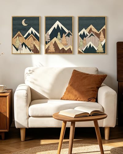 KUVIOKE Morden Mountains Framed Wall Art Boho Pine Tree Forest Nature Landscape Artwork Bohemain Farmhouse Rustic Home Decor 12x16in (Natural Framed) - color: Wooden Mountain, size: 12 x 16in x 3 Panels Natural