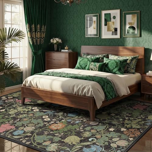 Floral Area Rug 5x7 for Living Room, Washable Vintage Farmhouse Botanical Rug, Non Slip Low Pile Thin Floor Carpet, Soft Decorative Rug for Bedroom Dining Room Home Office Black Green - color: Black, size: 5'x7'