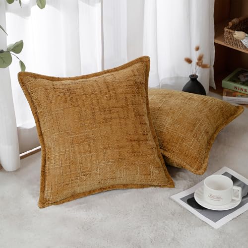 HPUK Fall Chenille Soft Throw Pillow Covers 18x18 Set of 2, Accent Cushion Covers for Living Room, Bedroom, Decorative Solid Color Pillow Covers for Couch, Sofa, Chair, Mustard Yellow - color: Chenille-mustard Yellow, size: 18" x 18" (Pack of 2)
