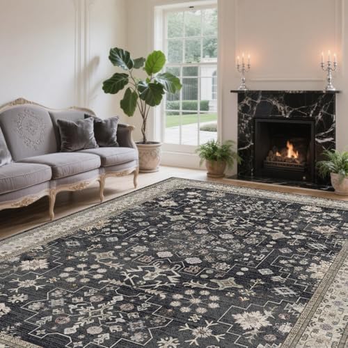 8x10 Washable Area Rugs for Living Room, Non-Slip Stain Resistant Soft Vintage Extra Large Area Rug, Low Pile Indoor Boho Rug for Bedroom Dining Room Farmhouse (Charcoal Blush Ivory) - color: Charcoal Blush Ivory, size: 8' x 10' (Rectangular)
