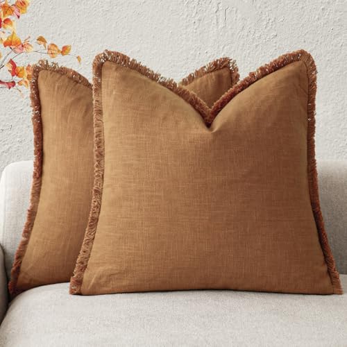Foindtower Set of 2 Decorative Linen Fringe Throw Pillow Covers Cozy Boho Farmhouse Cushion Cover with Tassels Soft Accent Pillowcase for Couch Sofa Bed Living Room Home Decor, 16×16 Inch, Orange - color: Honey Ginder, size: 16" x 16" (Pack of 2)
