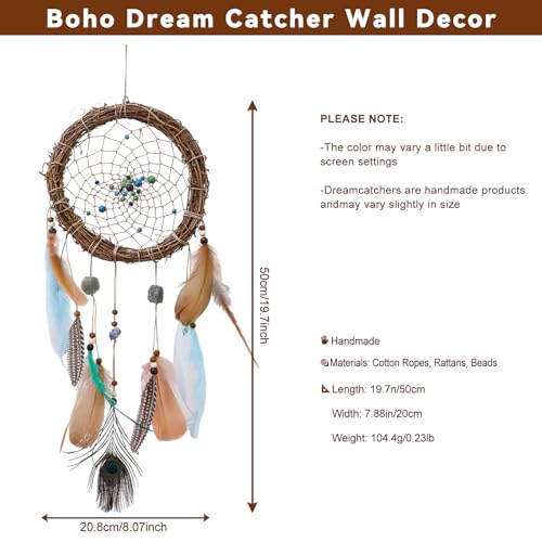 Rattan Dream Catchers with Peacock Feather, Boho Wall Decor Rustic Wooden Native American Wall Art for Bedroom Living Room (Green Blue Mix) - color: Green Blue Mix