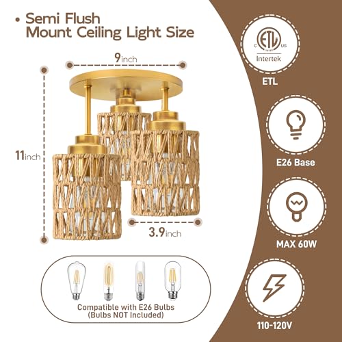 hykolity 3-Light Semi Flush Mount Ceiling Light Fixture, Boho Farmhouse Light Fixtures Ceiling Mount with Hand Woven Rattan Shade, Gold Ceiling Lighting for Kitchen, Bedroom, Entryway, Hallway, ETL - color: Gold-Boho