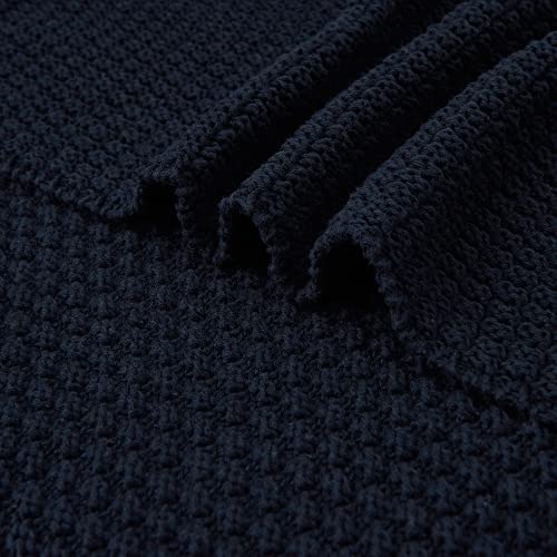 Longhui bedding 100% Cotton Knitted Throw Blanket – Navy Blue, Soft & Cozy, Machine Washable, 60"x80" – Perfect for Living Room, Couch, Sofa, Bed or Travel - color: Dark Navy Blue, size: 60" x 80", Oversized