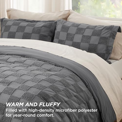 Bedsure Twin/Twin XL Comforter Set Dark Grey, Boho Tufted Bed Set, Checkered Farmhouse-Style Distressed Vintage Bedding, 2 Pieces, 1 Plaid Geometric Comforter and 1 Pillow Sham - color: 04 - Dark Grey - Tufted Checkboard, size: Twin/Twin XL