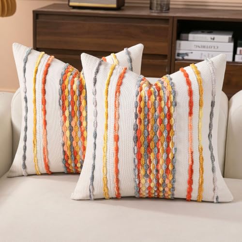 Boho Striped Throw Pillow Covers 18x18 Inch Set of 2 Farmhouse Square Decorative Pillow Covers Chenille Tufted Accent Neutral Pillowcase Yellow Orange Cushion Cover for Couch Sofa Bed - color: Yellow Orange