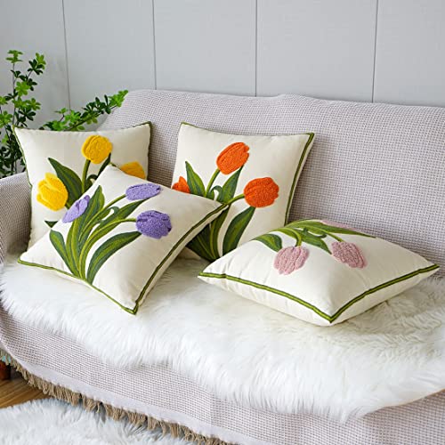 vctops Farmhouse Tulip Cotton Tufted Throw Pillow Cover Spring Floral Embroidery Pillowcase Soft Square Cushion Case for Sofa Couch Bed Chair (Yellow,18"x18") - color: Yellow