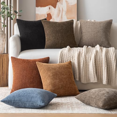 Textured Throw Pillow Covers Decorative Soft Accent Chenille Pillows Neutral Farmhouse Cushions Modern Home Decor for Couch Sofa Bedroom Living Room 18x18 Inch Set of 2,Brown Rust - color: Brown, size: 18" x 18" (Pack of 2)