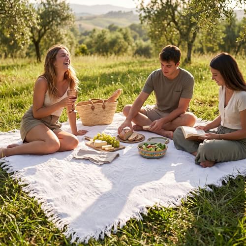 Frienda 70 x 102 Inch Extra Large White Outdoor Picnic Blanket Woven Cotton Yarn Blanket with Fringe and Leather Storage Strap Boho Decor for 6 to 8 Camping Lawn Wedding Photoshoot Beach Park Grass - color: White, size: 70 x 102 Inch