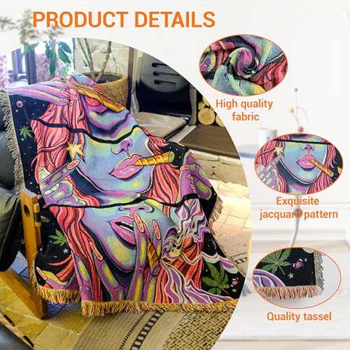 Trippy Throw Blanket for Couch Bed Lounge Chair Hippy Trippy Boho Chair Throw Blanket Hippie Hippy Wall Tapestry Woven Throws Blankets Smoking Weed Accessories Marijuana Cannabis Boho Room Decor 51x59 - color: Woven Cool Girl