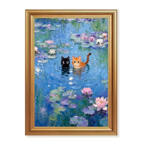 ICHZUMW Gold Framed Funny Cat Canvas Wall Art, Monet Style Water Lily Painting with Black and Orange Cats, Whimsical Animal Wall Decor, Ready to Hang for Bedroom Living Room Bathroom, 16x24in - color: Monet’s Garden Cats, size: 24"L x 16"W
