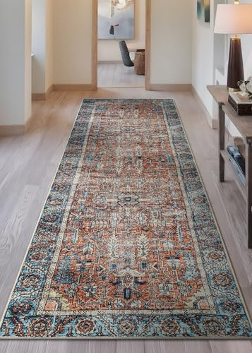 Bloom Rugs Washable Non-Slip 12 ft Runner - Orange/Blue Traditional Runner for Entryway, Hallway, Bathroom, and Kitchen - Exact Size: 2.5' x 12' - color: Orange / Blue, size: 2'6" x 12' (Runner)