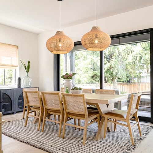 Boho Rattan Pendant Light, 13.8" Handwoven Wicker Hanging Light Fixture with Adjustable Cord, Natural Bamboo Chandelier Ceiling Lamp for Kitchen Island, Dining Room, Bedroom, Living Room, E26 Base - color: D3032