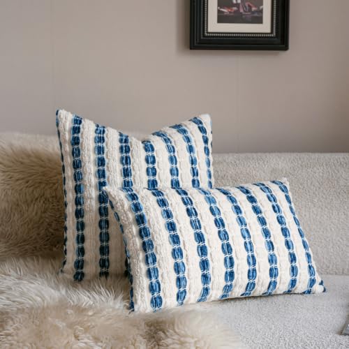 Caflife Boho Lumbar Throw Pillow Covers 12x20 Inch Set of 2, Farmhouse Blue Striped Textured Chenille Decorative Couch Pillow Cases, Rustic Accent Cushion Covers for Sofa Bed Living Room Bedroom - color: Blue, size: 20" x 12" (Pack of 2)