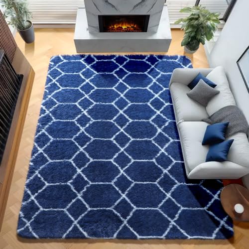 ONASAR Area Rugs for Bedroom Living Room, 4x6 Fluffy Navy Blue and White Throw Rug for Home Decor, Geometric Soft Shaggy Plush Floor Carpet for Kids Girls Boys Teen Nursery Dorm Office - color: 7- Navy / White, size: 4' x 6' (Rectangular)